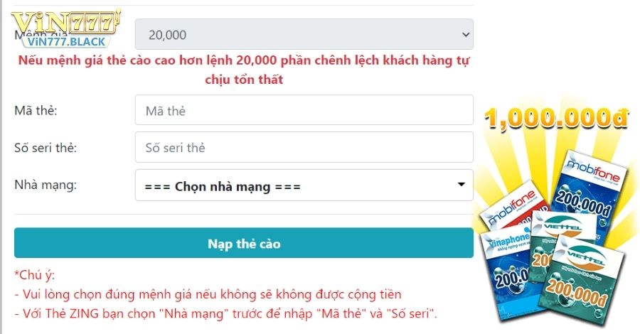 Nạp tiền VIN777 siêu tốc độ thông qua thẻ cào điện thoại